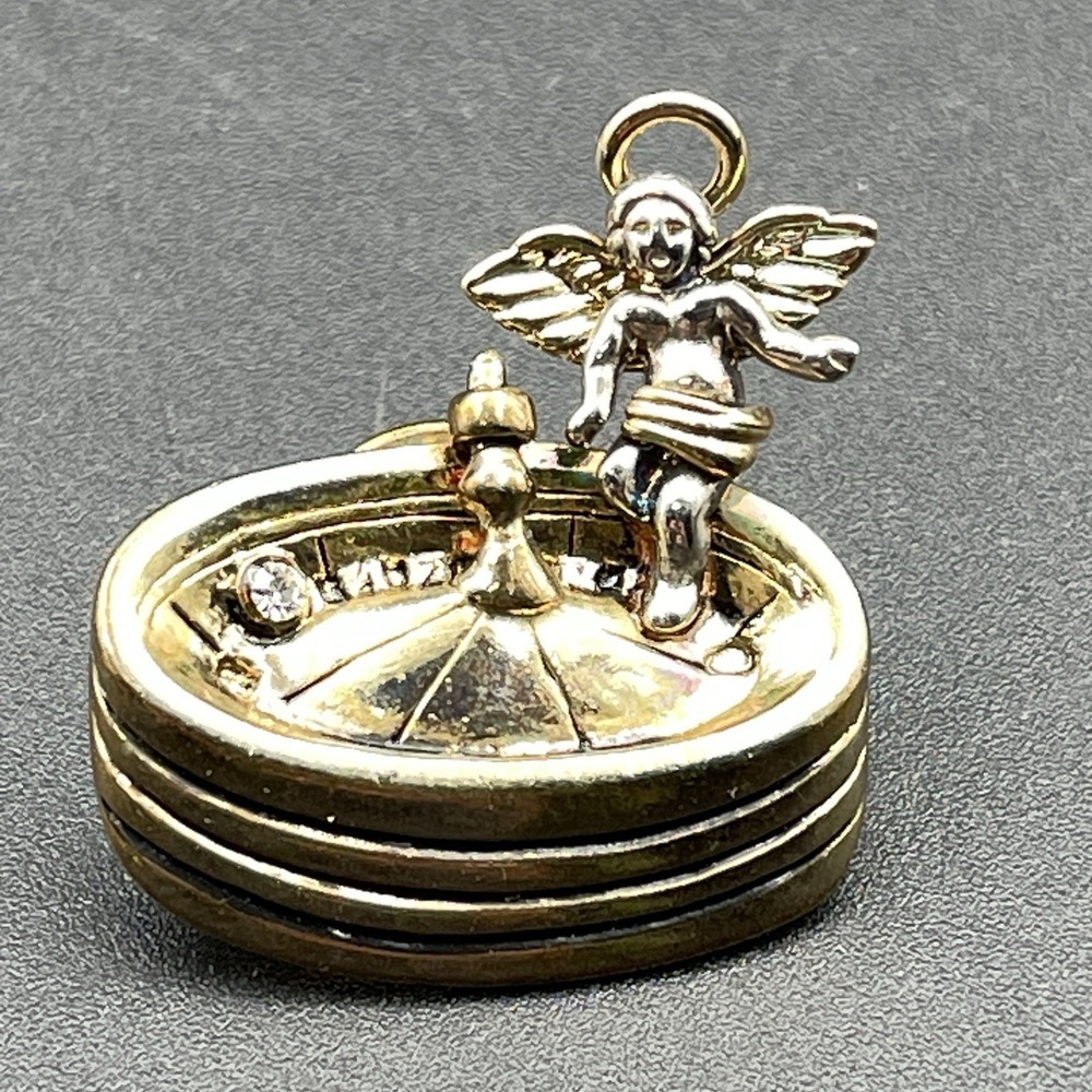 Vintage Angel Cherub Roulette Wheel Lapel Pin Gold Tone Rhinestone